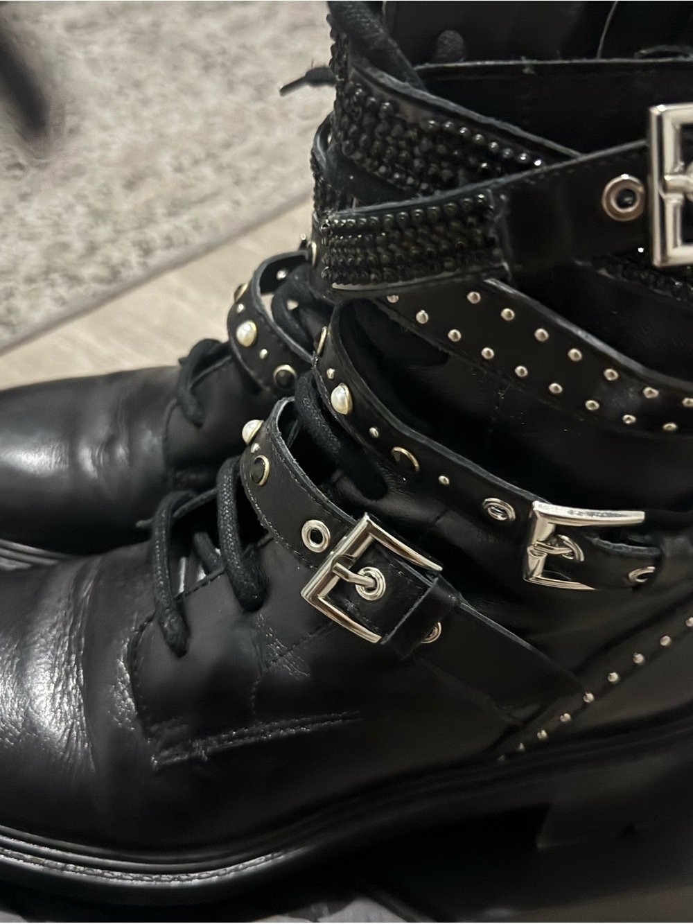 Zara Black Studded Buckle Lace-Up Moto Boots - Picture 2 of 3